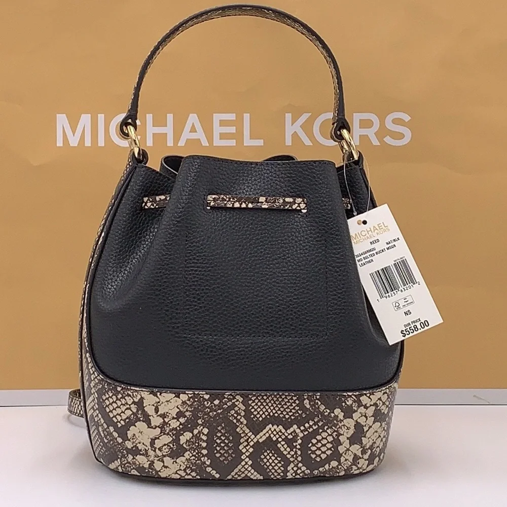 MICHAEL KORS  Reed Md Pebbled Leather Belted Bucket Messenger Satchel Crossbody